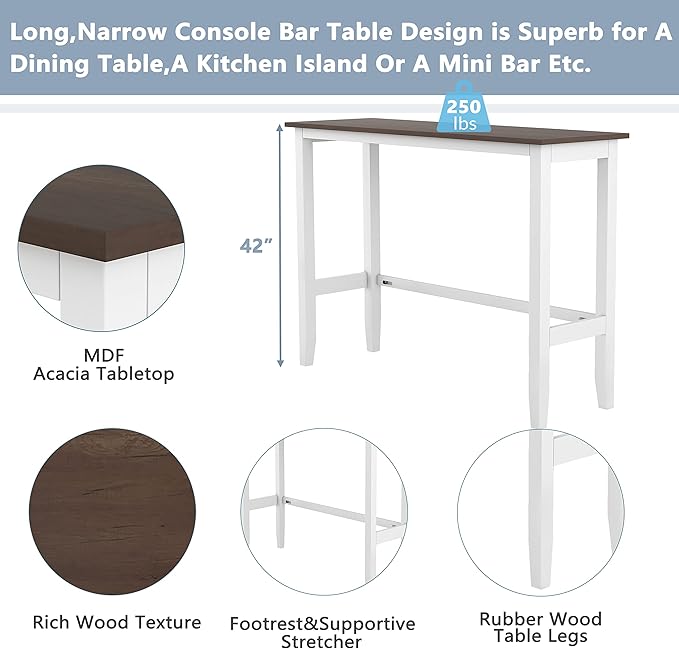 Voohek 3-Piece Bar Table and Chairs Set, Wood Counter Height Dining Furniture for 2, Small Space, Kitchen, Breakfast Nook, Bistro,Apartment, Industrial Style, White - LeafyLoom
