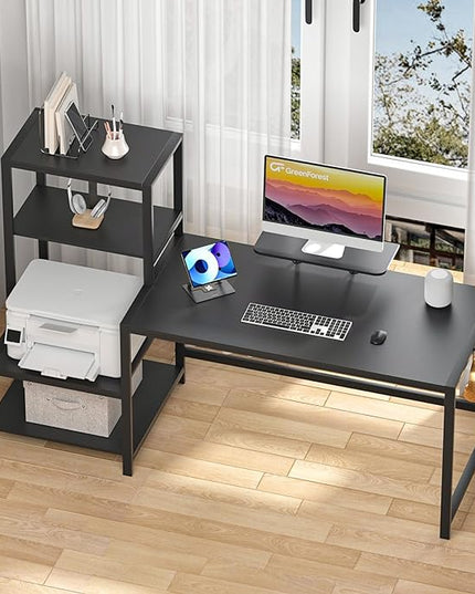 GreenForest Computer Desk 58 inch with Storage Printer Shelf Reversible Gaming Home Office Desk with Movable Monitor Stand and 2 Headphone Hooks for Study Writing PC Working, Black - LeafyLoom