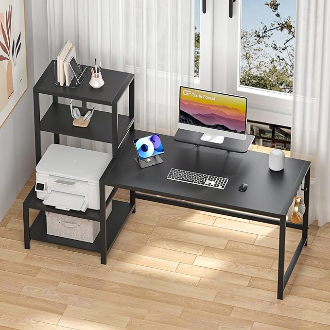 GreenForest Computer Desk 58 inch with Storage Printer Shelf Reversible Gaming Home Office Desk with Movable Monitor Stand and 2 Headphone Hooks for Study Writing PC Working, Black - LeafyLoom