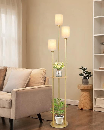 Floor Lamps for Living Room, 3-Lights Modern Floor Lamp with Shelves, Gold Standing Lamp with Fabric Shade and Foot Switch, Shelf Standing Lamps with Table, Tall Table Lamps for Bedroom Office - LeafyLoom