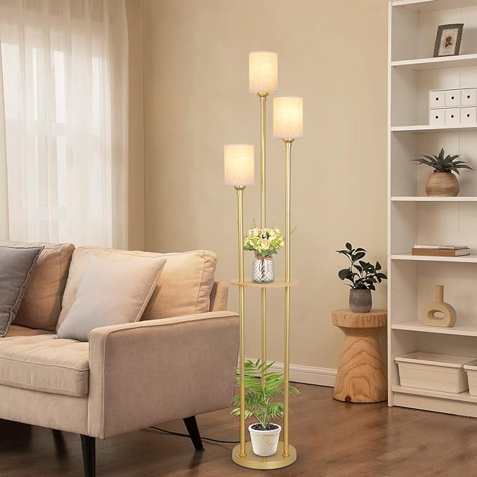 Floor Lamps for Living Room, 3-Lights Modern Floor Lamp with Shelves, Gold Standing Lamp with Fabric Shade and Foot Switch, Shelf Standing Lamps with Table, Tall Table Lamps for Bedroom Office - LeafyLoom