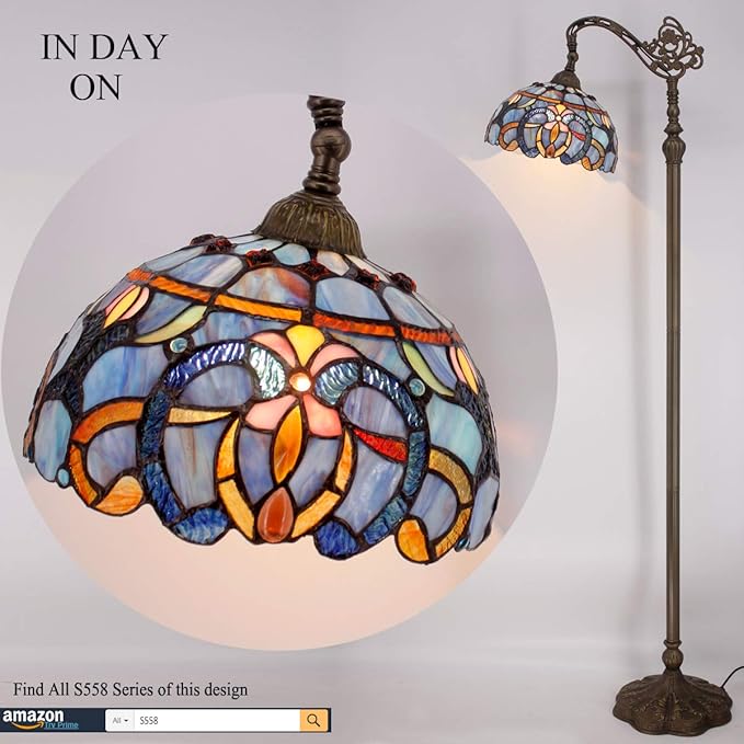 WERFACTORY Tiffany Floor Lamp Blue Purple Cloud Stained Glass Arched Lamp 12X18X64 Inches Gooseneck Adjustable Corner Standing Reading Light Decor Bedroom Living Room S558 Series - LeafyLoom