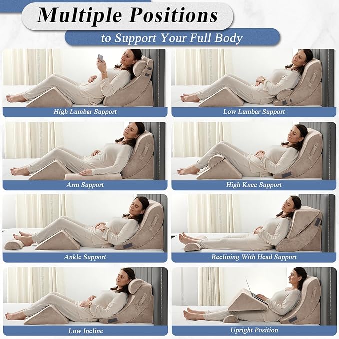 Axelrod 4PCS Orthopedic Bed Wedge Pillow Set, Post Surgery Foam for Back, Neck and Leg Pain Relief Comfortable & Adjustable Ortho Pillows- Anti Snoring, Heartburn, Acid Reflux & GERD Sleeping Brown - LeafyLoom