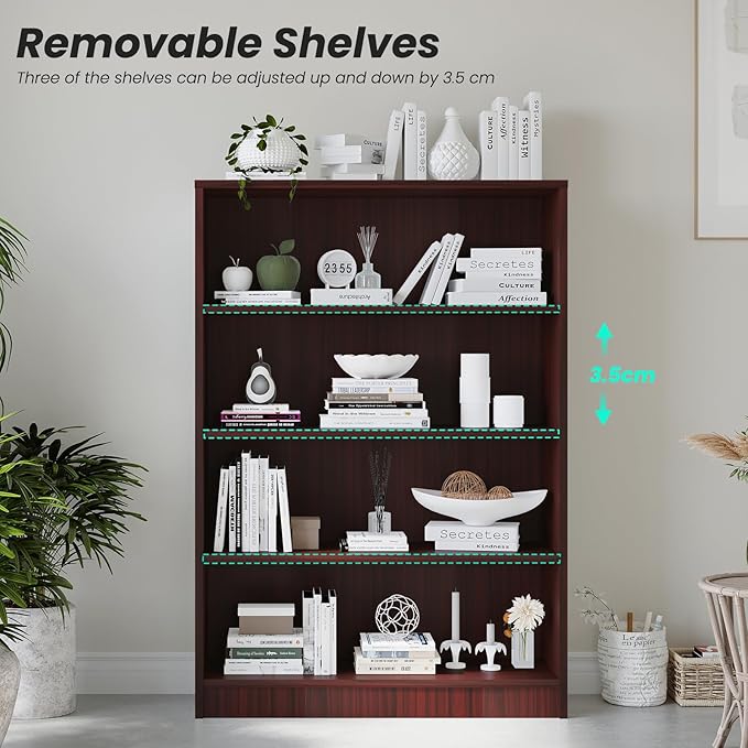 Farini 4 Shelf boockase Display Bookcase Freestanding Wooden Bookshelves for Home Office Living Room,48 Inch Height,Mahogany - LeafyLoom