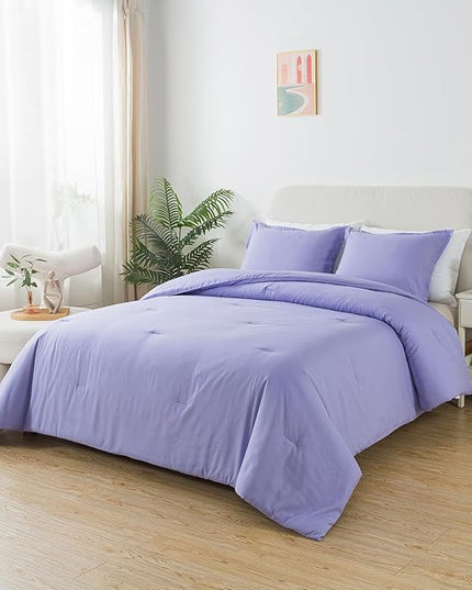 Queen Lavender Purple Comforter Set, Solid Luxury Skin-friendly Boho Bedding Set & Collections, Breathable Fluffy Microfiber 3 PCS (90"x90") Comforter Set for All Seasons with Pillowcases - LeafyLoom