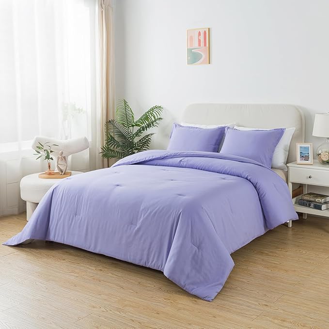 Lavender Purple Comforter Set King Size, Solid Luxury Skin-friendly Boho Bedding Set & Collections, Breathable Fluffy Microfiber 3 PCS (104"x90") Comforter Set for All Seasons - LeafyLoom