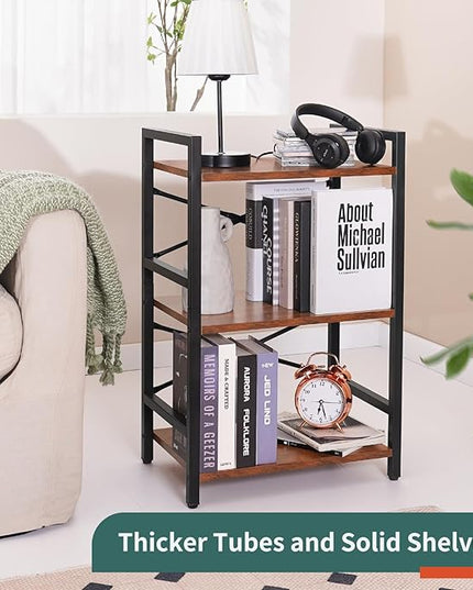 Yoobure Bookshelf Small Book Shelf, Solid Industrial 3 Tier Shelf Bookcase, Short Book Case for Bedroom, Living Room, Office Home, Small Spaces, Berry Brown - LeafyLoom