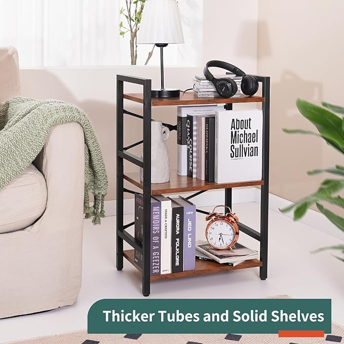 Yoobure Bookshelf Small Book Shelf, Solid Industrial 3 Tier Shelf Bookcase, Short Book Case for Bedroom, Living Room, Office Home, Small Spaces, Berry Brown - LeafyLoom