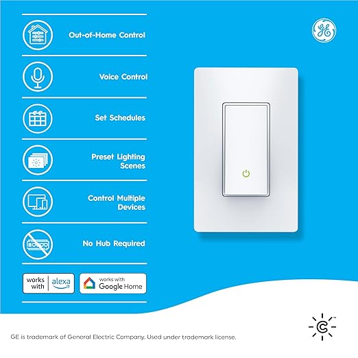 GE CYNC Smart Light Switch, Paddle Style, No Neutral Wire Required, Bluetooth and 2.4 GHz WiFi 3-Wire Switch, Works with Amazon Alexa and Google Home, White (1 Pack) CYNCSmartHome