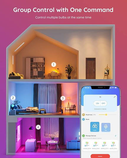 Govee Smart Light Bulbs, Color Changing Light Bulb, Work with Alexa and Google Assistant, 16 Million Colors RGBWW, WiFi & Bluetooth LED Light Bulbs, Music Sync, A19, 800 Lumens, 4 Pack Govee