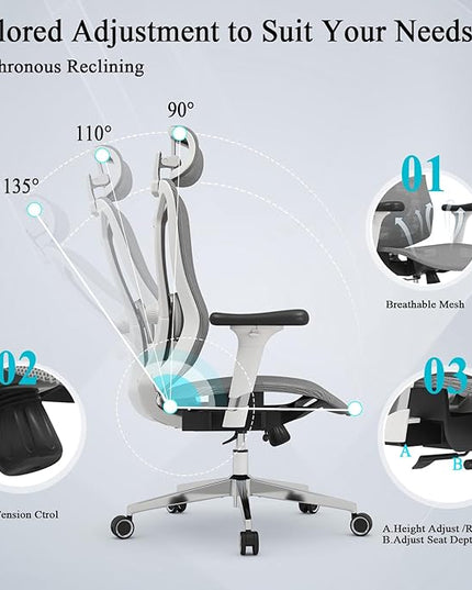 Ergonomic Office Chair: Seat Depth Adjustable Office Chair with 3D Lumbar Support, Ergonomic Computer Chair with Headrest, Home Office Desk Chair with 3D Armrest, Tilt Function - LeafyLoom