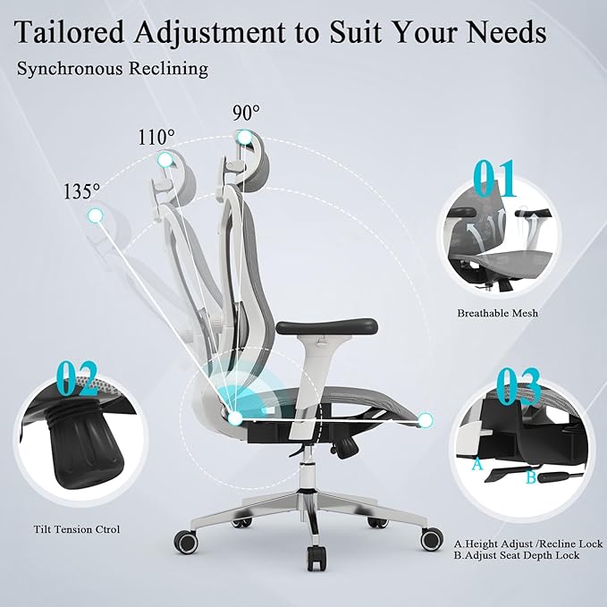 Ergonomic Office Chair: Seat Depth Adjustable Office Chair with 3D Lumbar Support, Ergonomic Computer Chair with Headrest, Home Office Desk Chair with 3D Armrest, Tilt Function - LeafyLoom