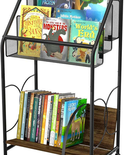 Bookshelf, 4-Tier Metal & Wood Rolling Book Cart on Wheels, Record Cabinet for Book Magazine Turntable, Record Holder Up to 100 Albums, Multifunction Utility Cart, Black - LeafyLoom