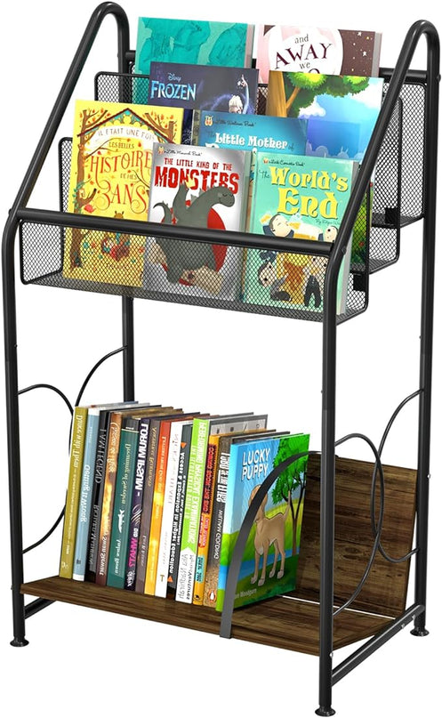 Bookshelf, 4-Tier Metal & Wood Rolling Book Cart on Wheels, Record Cabinet for Book Magazine Turntable, Record Holder Up to 100 Albums, Multifunction Utility Cart, Black - LeafyLoom