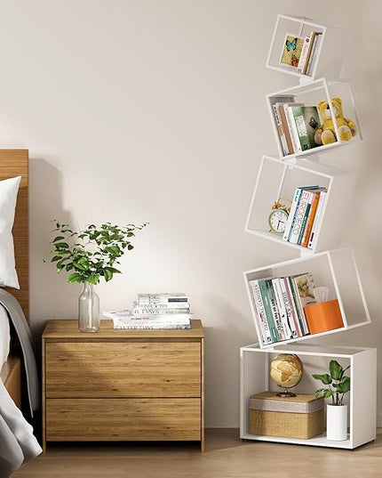Bookshelf, Unique 5-Tier 67” Tall Bookshelves, Modern Geometric Bookcases Cool Metal Book Shelf, Corner Bookshelf for Bedroom, Living Room, Home Office (White) - LeafyLoom