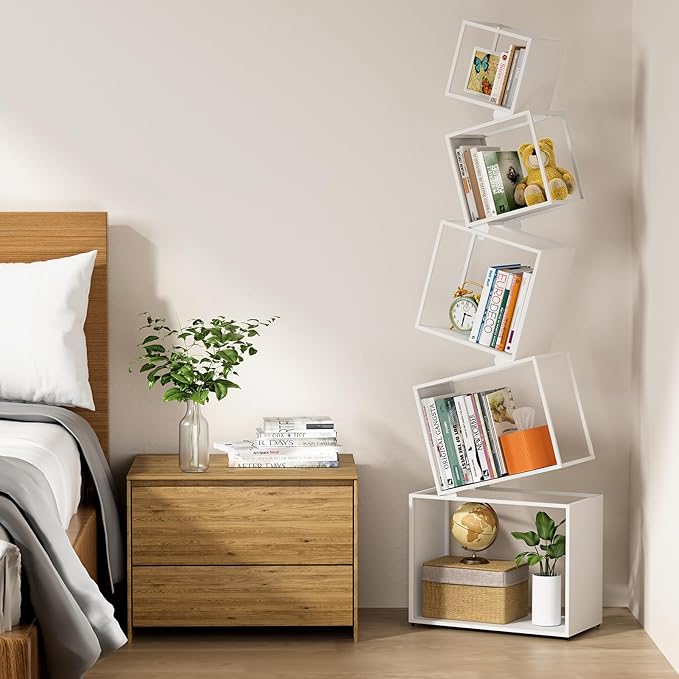Bookshelf, Unique 5-Tier 67” Tall Bookshelves, Modern Geometric Bookcases Cool Metal Book Shelf, Corner Bookshelf for Bedroom, Living Room, Home Office (White) - LeafyLoom
