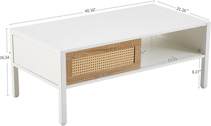 Rattan Coffee Table 40 Inch Mid Century Modern Coffee Table with Storage, Industrial Metal Rectangle Wood Center Table with Rattan Sliding Door for Living Room, White - LeafyLoom