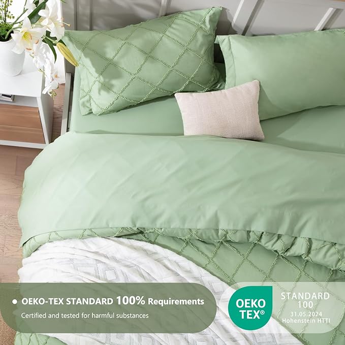 Boho Sage Green Comforter Set with Jacquard Tufted Design,Shabby Chic Bedding Sets for All Seasons,5 Pieces Twin Dorm Bed in a Bag Comforter,Flat Sheet,Fitted Sheet,Pillowcases & Shams - LeafyLoom