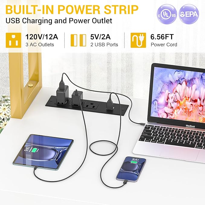 Aheaplus L Shaped Desk with Power Outlet, L Shaped Gaming Desk with Led Light & Hutch, Reversible Home Office Desk, Corner Computer Desk Writing Desk with Monitor Stand & Storage Shelf, White+Gold - LeafyLoom