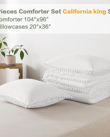 Litanika California King Comforter Set White,3 Pieces White Boho Pom Pom Lightweight Bed Comforter, All Season Soft Solid Color Bedding Comforter Sets (1 Comforter 104x96 Inch, 2 Pillowcases) - LeafyLoom
