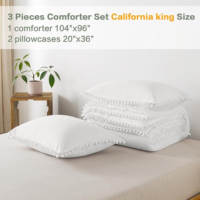 Litanika California King Comforter Set White,3 Pieces White Boho Pom Pom Lightweight Bed Comforter, All Season Soft Solid Color Bedding Comforter Sets (1 Comforter 104x96 Inch, 2 Pillowcases) - LeafyLoom