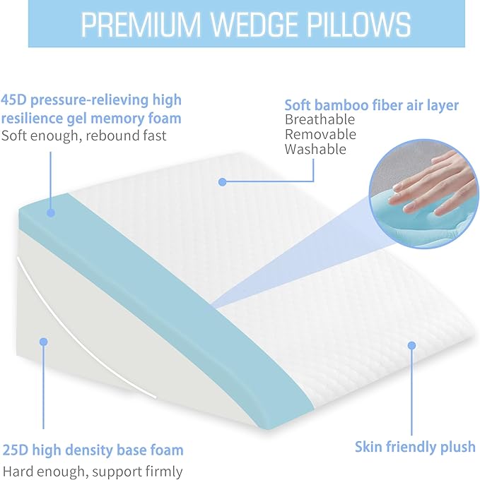 Bed Wedge Pillow for Sleeping 12 Inch 10inch 8/7.5inch Adjustable Memory Foam Triangle Wedge Pillow for After Surgery, Legs and Back Support Pillow, Relieve Acid Reflux, Gerd, Snoring - LeafyLoom