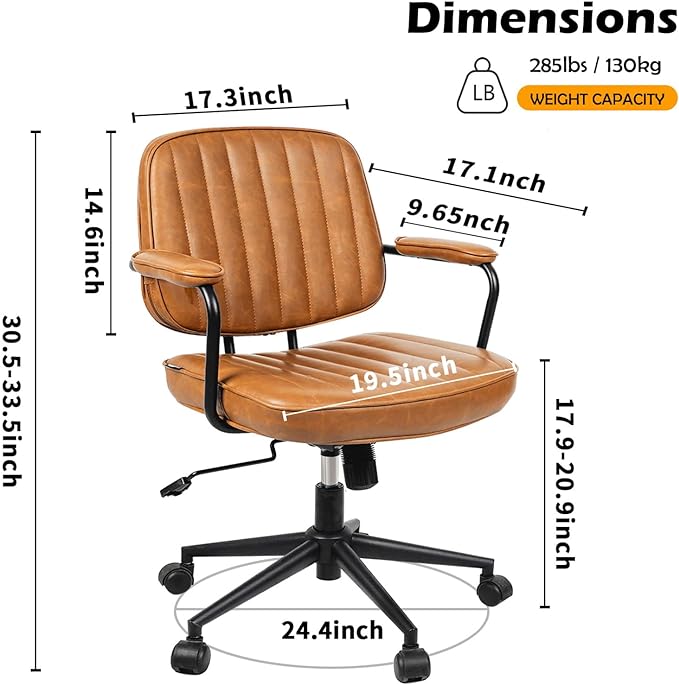 Arts wish Mid Century Office Chair Leather Desk Chair Brown Office Desk Chair Home Office Chair with Wheels and Arms - LeafyLoom