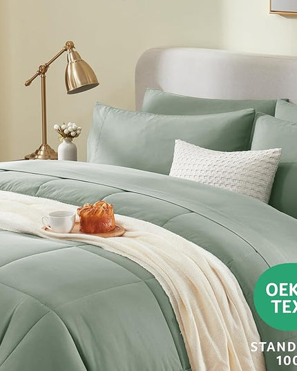 CozyLux King Size Comforter Sets - 7 Pieces Bed in a Bag Set Sage Green, Bedding Sets King with All Season Quilted Comforter, Flat Sheet, Fitted Sheet, Pillowcases, Sage Green, King - LeafyLoom