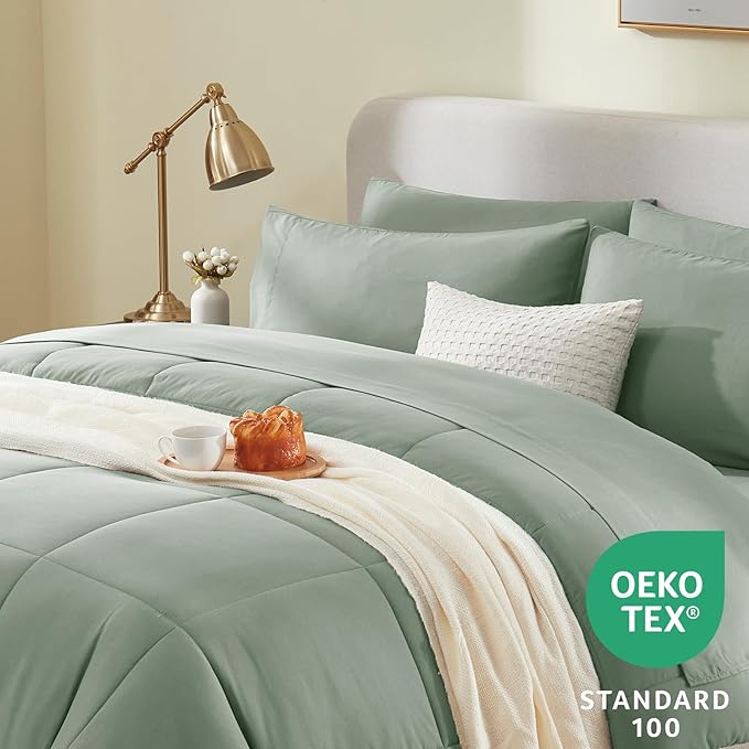 CozyLux King Size Comforter Sets - 7 Pieces Bed in a Bag Set Sage Green, Bedding Sets King with All Season Quilted Comforter, Flat Sheet, Fitted Sheet, Pillowcases, Sage Green, King - LeafyLoom