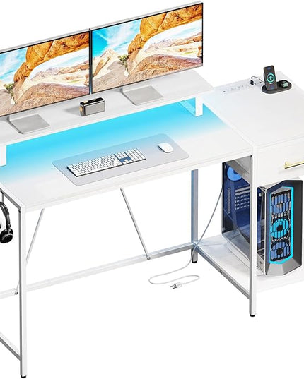 White Computer Desk with Drawer and Power Outlets, 55" Office Desk with Monitor Stand and Sheleves,Writing Study Gaming Desks with Led Light and Headphone Hook for Bedroom - LeafyLoom