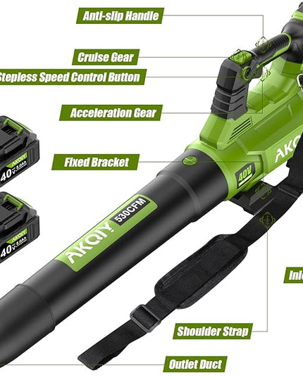 Cordless Leaf Blower - 105 MPH/530CFM, 40V Brushless Electric Leaf Blower with Turbine Fan Technology, 2X 5.0Ah Batteries and Charger with Shoulder Strap for Lawn Care, Yard, Garage Cleaning - LeafyLoom