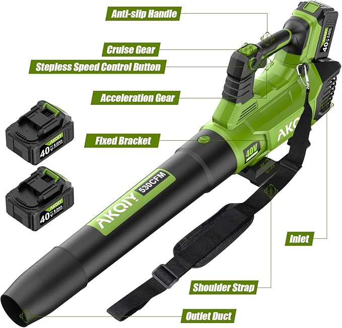 Cordless Leaf Blower - 105 MPH/530CFM, 40V Brushless Electric Leaf Blower with Turbine Fan Technology, 2X 5.0Ah Batteries and Charger with Shoulder Strap for Lawn Care, Yard, Garage Cleaning - LeafyLoom