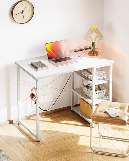 AODK Laptop Desk Small Desk, 32 Inch Computer Desk with Power Outlet and USB & Type-C Charging Port, Writing Desk with 3-Tier Reversible Storage Shelf for Home Office, 32'' x 16'', White - LeafyLoom