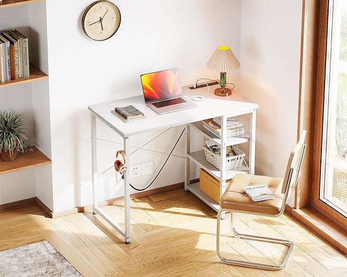 AODK Laptop Desk Small Desk, 32 Inch Computer Desk with Power Outlet and USB & Type-C Charging Port, Writing Desk with 3-Tier Reversible Storage Shelf for Home Office, 32'' x 16'', White - LeafyLoom