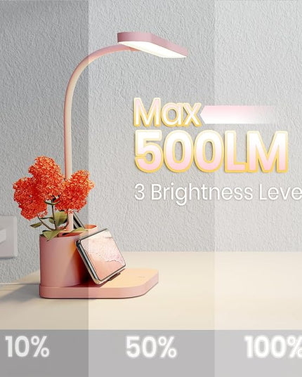 AXX Pink Desk Lamp for Home Office, Cute Desk Lamps for Bedrooms, Kawaii, Dimmable LED, Flexible Gooseneck, Pen Holder, Touch Control, Room College Dorm Essentials for Teen Girls Kids - LeafyLoom