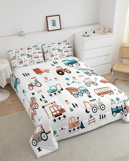 Boys Cartoon Car Comforter Set, Kids Construction Cars Trucks Comforter for Cartoon Botanical Truck Bedding Set Cute Cars Quilt with 2 Pillowcases 3Pcs Bedding Full Boys - LeafyLoom