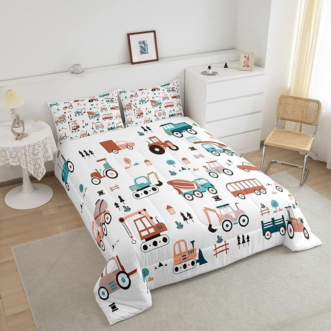 Boys Cartoon Car Comforter Set, Kids Construction Cars Trucks Comforter for Cartoon Botanical Truck Bedding Set Cute Cars Quilt with 2 Pillowcases 3Pcs Bedding Full Boys - LeafyLoom