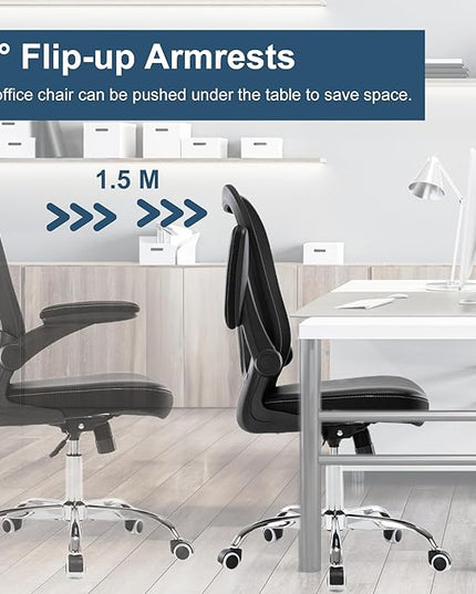Office Chair, Ergonomic Desk Chair, PU Leather Padded Computer Chairs, Mesh Executive Chair with Lumbar Support Flip up Arms, Adjustable Height Home Task Swivel Rolling Chair,Black - LeafyLoom
