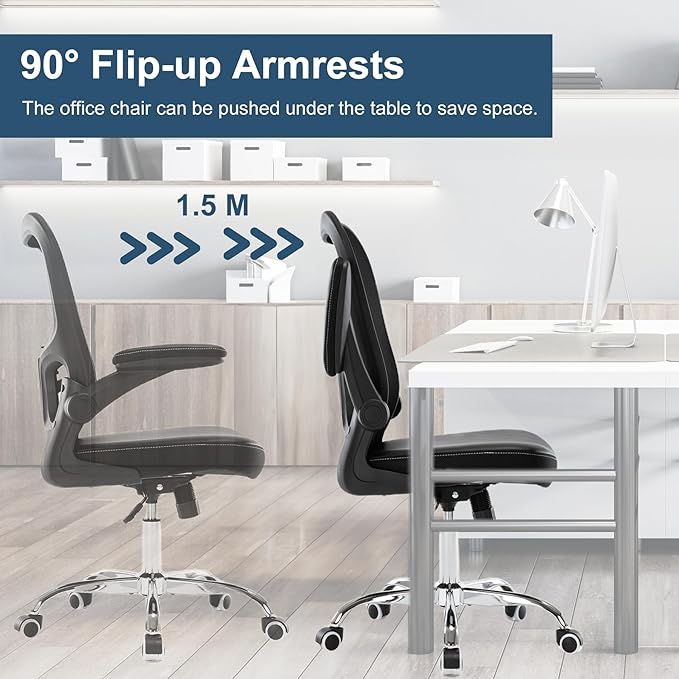 Office Chair, Ergonomic Desk Chair, PU Leather Padded Computer Chairs, Mesh Executive Chair with Lumbar Support Flip up Arms, Adjustable Height Home Task Swivel Rolling Chair,Black - LeafyLoom