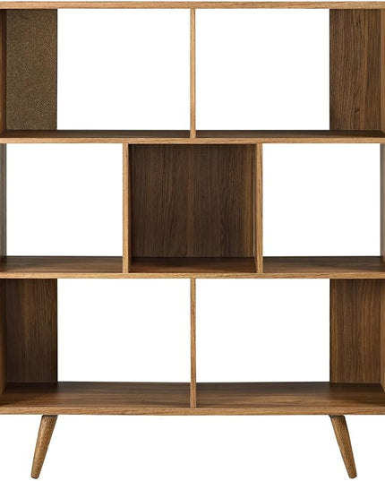 Modway Transmit Mid-Century Offset Cube Wood 7 tier Bookcase in Walnut - LeafyLoom