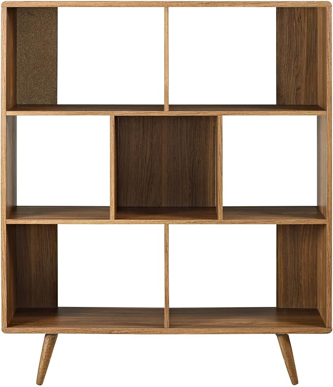 Modway Transmit Mid-Century Offset Cube Wood 7 tier Bookcase in Walnut - LeafyLoom