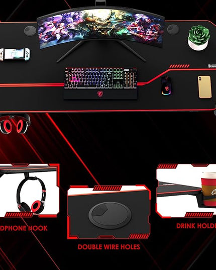 55'' Gaming Desk, Multi-Use Home Office T-Shaped Computer Workstation, Carbon Fiber Surface PC Study Table, Full Cover Mousepad, Drink Holder, Wire Holes, Headphone Hook, Cable Tray, Red - LeafyLoom
