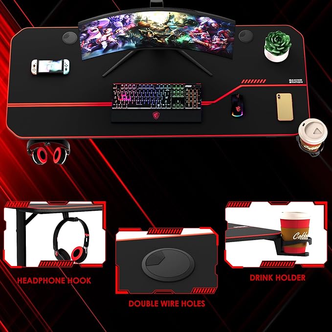 55'' Gaming Desk, Multi-Use Home Office T-Shaped Computer Workstation, Carbon Fiber Surface PC Study Table, Full Cover Mousepad, Drink Holder, Wire Holes, Headphone Hook, Cable Tray, Red - LeafyLoom