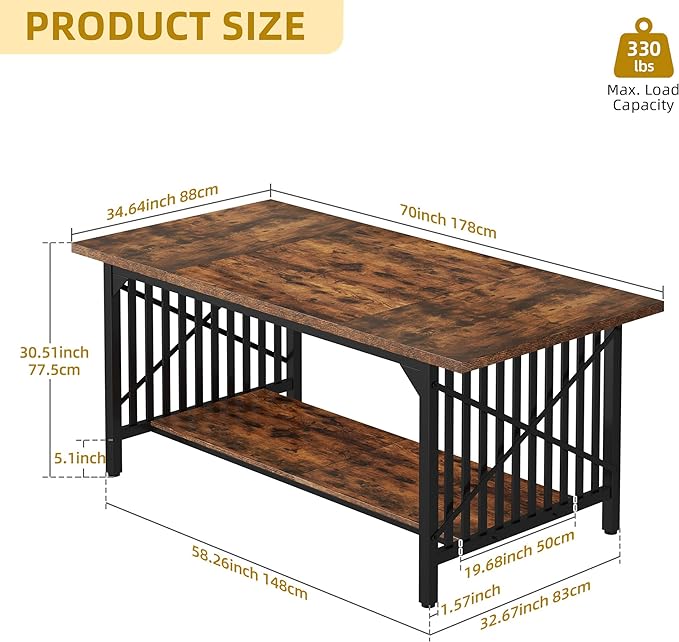 DWVO 70.8" Large Kitchen Dining Table for 6-8 People, Farmhouse Industrial Kitchen Table with Storage, Rectangle Apartment Dinning Room Dinette Tables for Eating Dinner, Rustic Brown - LeafyLoom