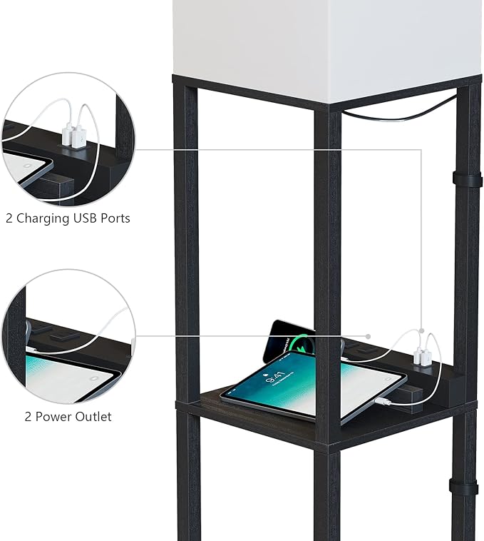 SUNMORY Shelf Lamp with Remote Control, Stepless Color Temperature & Dimmable, Floor Lamp with Shelves with 2 Usb Charging Ports and 2-Hole Socket, Solid Wood Tall Lamps for Living Room, Bedroom，Black - LeafyLoom