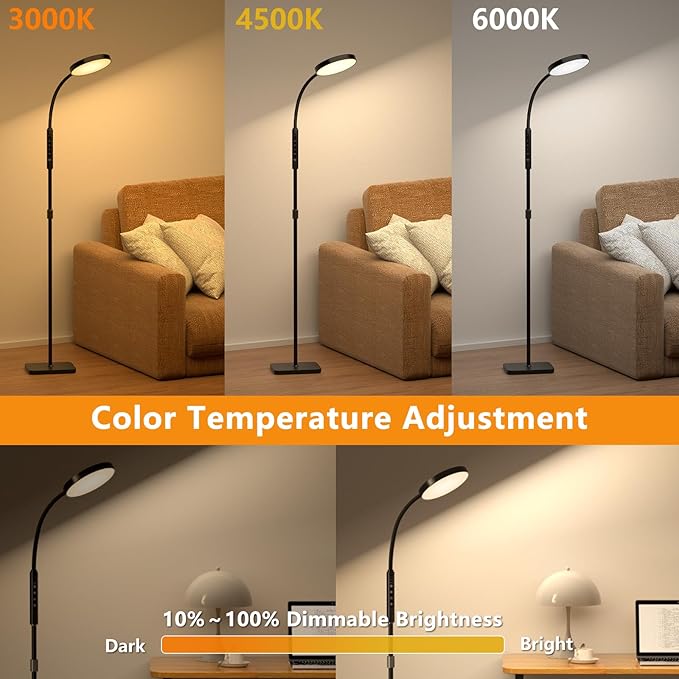 LED Floor Lamp, Height Adjustable Floor Lamps for Living Room, Super Bright Standing Lamp with Timer, Adjustable Colors & Brightness Floor lamp for Bedroom with Remote & Touch Control, Black - LeafyLoom