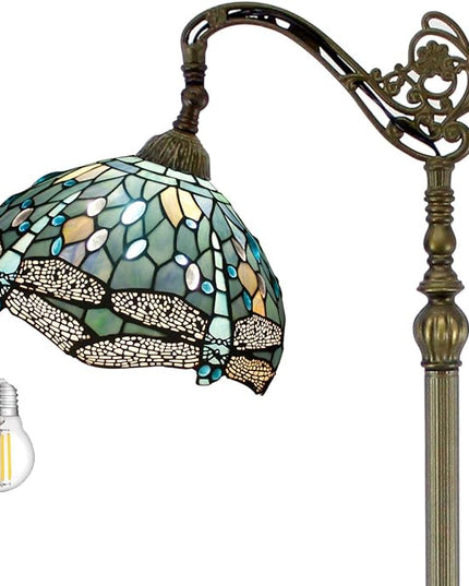 WERFACTORY Tiffany Floor Lamp Sea Blue Stained Glass Dragonfly Arched Lamp 12X18X64 Inches Gooseneck Adjustable Corner Standing Reading Light Decor Bedroom Living Room S147 Series - LeafyLoom