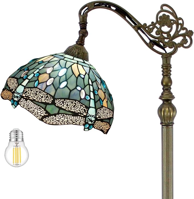 WERFACTORY Tiffany Floor Lamp Sea Blue Stained Glass Dragonfly Arched Lamp 12X18X64 Inches Gooseneck Adjustable Corner Standing Reading Light Decor Bedroom Living Room S147 Series - LeafyLoom