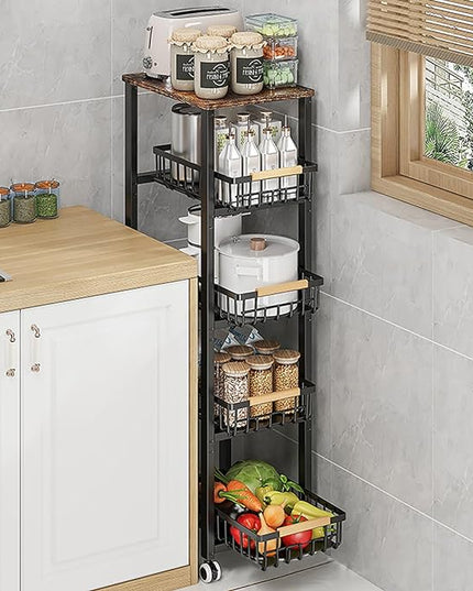 Kitchen Storage Cart Slim Rolling Cart On Wheels,5-Tier Skinny Kitchen Island Utility Organizer Storage Cart with Pull-Out Baskets and Wood Top,Mesh Fruit Basket Cart with Handle - LeafyLoom