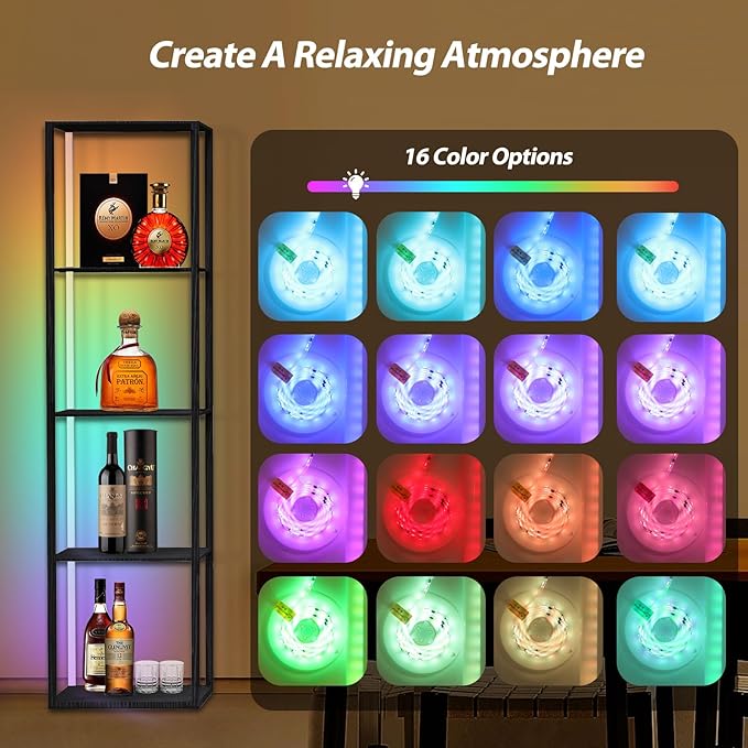 Corner Floor Shelf Light Dispaly: 5 Tiers Tall Corner Shelf Display Case Cabinet - Dimmable LED Corner Shelf with Light,Display Shelf Corner Shelves with Light - LeafyLoom